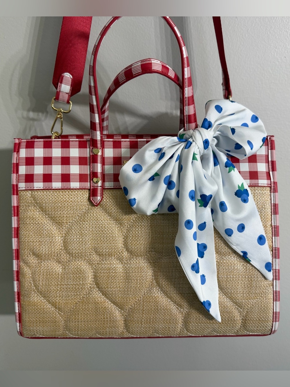 *NWT* Betsey Johnson XO BECA Straw Hearts Tote Handbag with Red Gingham Accents